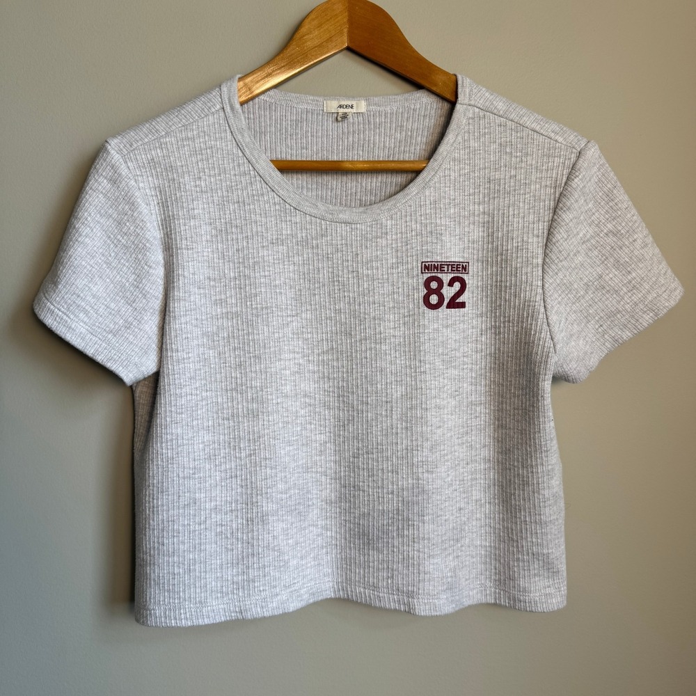 Ardene Short Sleeve 1982 Cropped Tee Marled Gray XL Preppy Cheerleader School